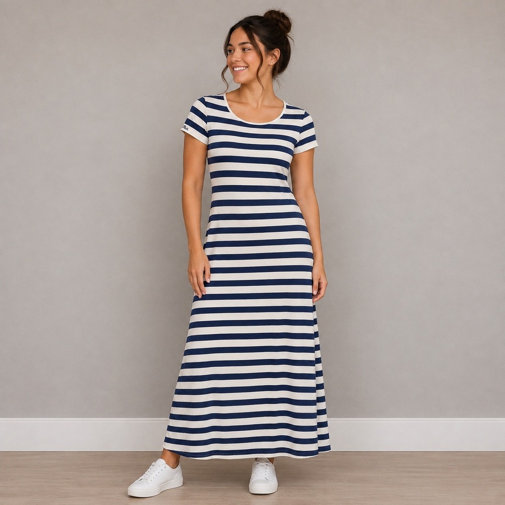Polo Ralph Lauren Women Navy Blue White Striped Maxi Dress Short Sleeve XS